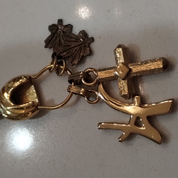 Monet gold tone charms monogram H cross and maple leaves 2 inches long - Picture 1 of 8